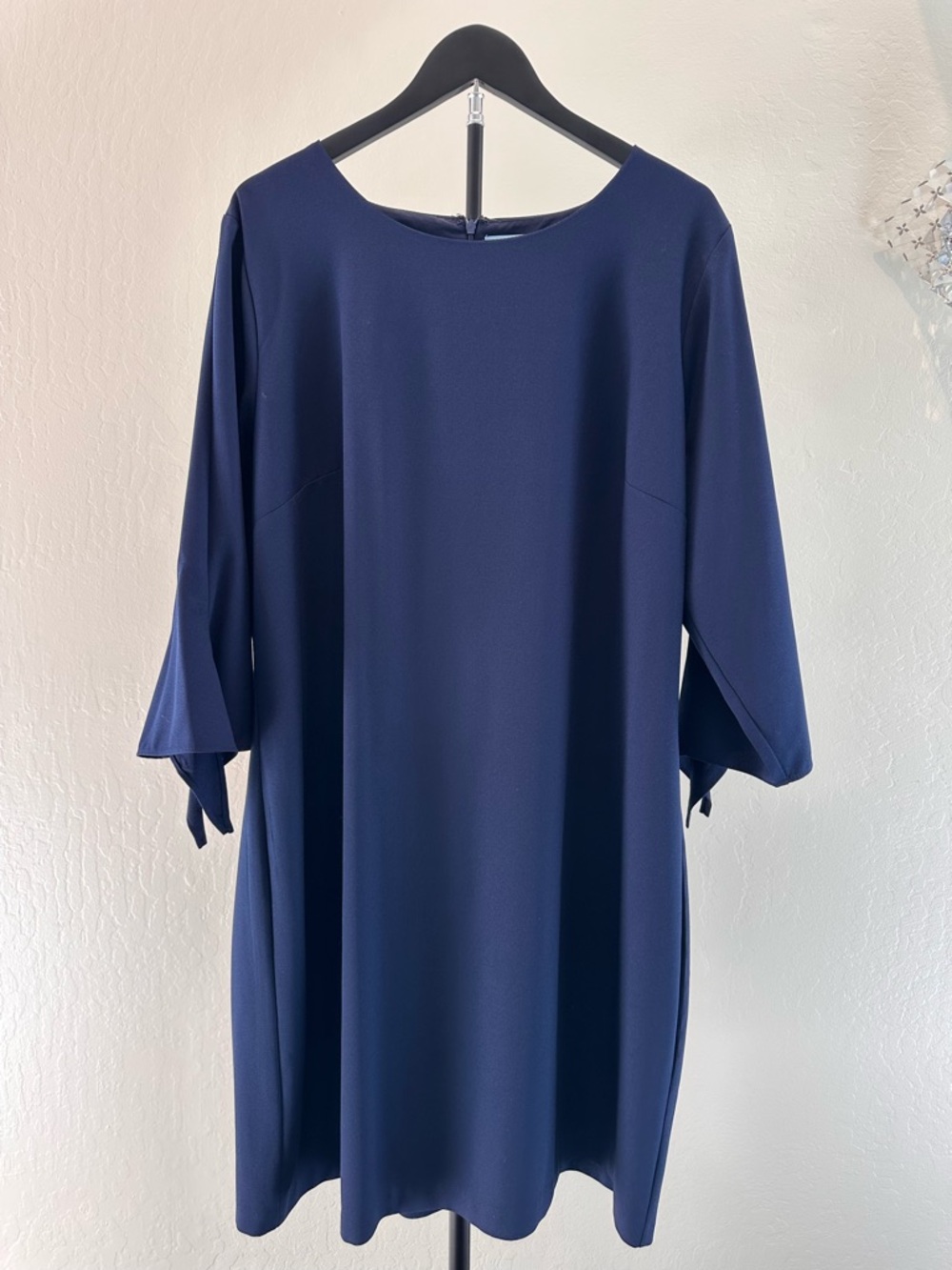 CeCe Navy Midi Shift Dress with Tie Sleeve Accents